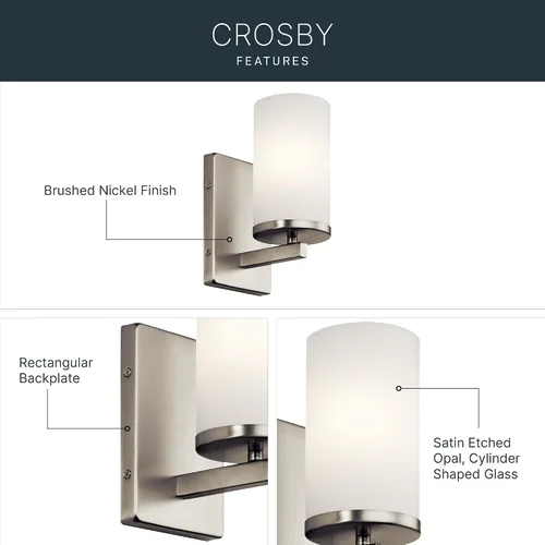 Miniatura 4 de Kichler Crosby 45495NI - Aplique de pared de 9.25 pulgadas en níquel cepillado, 1 luz contemporánea para pasillo o baño con cristal de ópalo