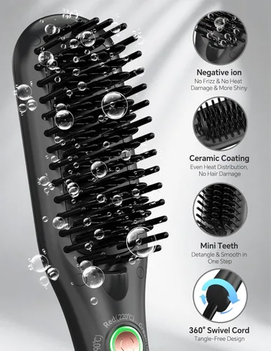 Miniatura 5 de LANDOT Mini cepillo alisador de pelo, peine iónico calentado para un estilo sin encrespamiento, peine compacto de doble voltaje para cabello corto