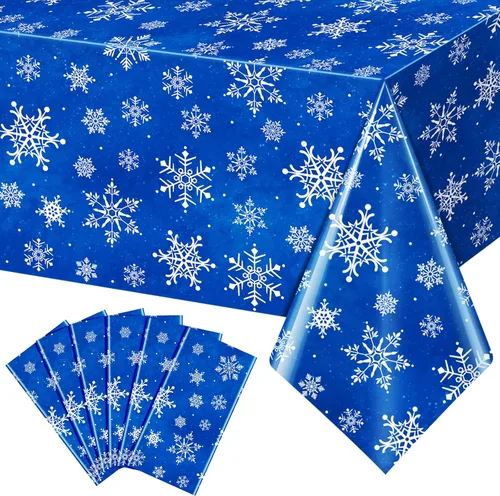 Miniatura 20 de 3 Piezas Decoraciones de Mantel de Fiesta de Plástico con Copos de Nieve de Navidad, Cartel de Fondo Navideño Azul con Copo de Nieve Blanco Cubierta