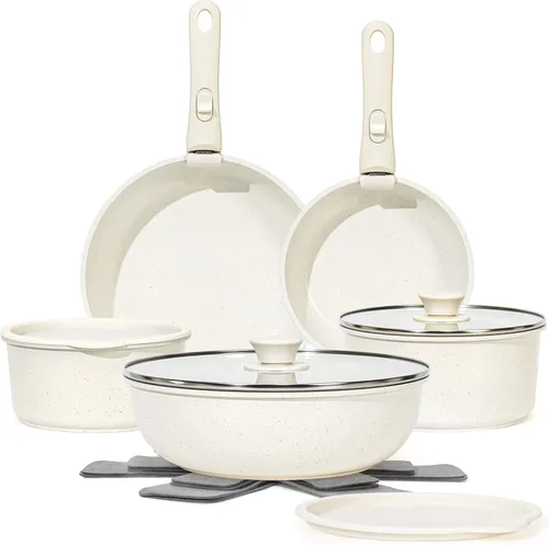SODAY Juego de 15 piezas de ollas y sartenes antiadherentes, juegos de utensilios de cocina con mango desmontable, herramientas de cocina RV Blanco