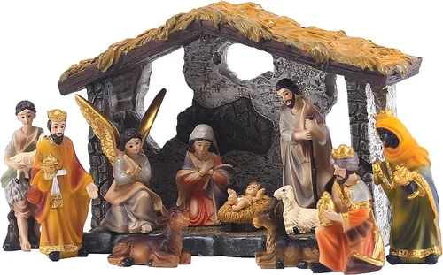 Miniatura 5 de MACLARONX Conjunto de Belén de 12 Piezas Escena de Nacimiento Navideño Figura con Establo para Interiores Decoración de Mesa Hogar Escena