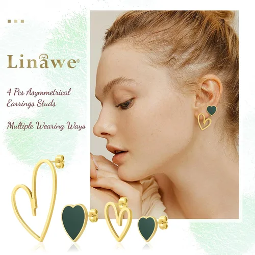 Miniatura 2 de Linawe 4 Pcs Heart Stud Mismatched Earrings Set for Women Girls, Hypoallergenic Stainless Steel GoldRose GoldSilver Cartilage Tragus Piercing