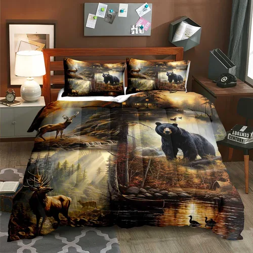 LUVIVIHOME Juego de edredón de 3 piezas, tamaño queen, con diseño de osos negros y ciervos, estilo bosque, animal silvestre, camuflaje de caza, para