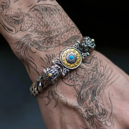 Miniatura 6 de Atraer la riqueza dinero y buena suerte, rueda de oración tibetana + mantra OM + pulsera Vajra Pestle, pulsera giratoria de plata de ley S925 Feng
