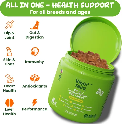 Miniatura 5 de Vibin' Tails Multivitamínico 24 en 1 para perros, glucosamina condroitina apoyo para cadera y articulaciones, probióticos y omega-3, piel y pelaje