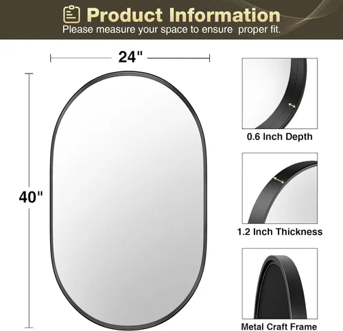 Miniatura 3 de Brightify - Espejo ovalado negro para baño de 24x40 pulgadas, espejos de tocador mate negros para pared con marco de metal, espejo moderno de pared