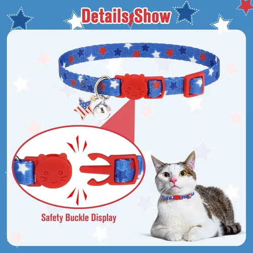 Miniatura 4 de PUPTECK Collares para gatos con campana para el Día de la Independencia con la bandera estadounidense, collar azul para mascotas, paquete de 3