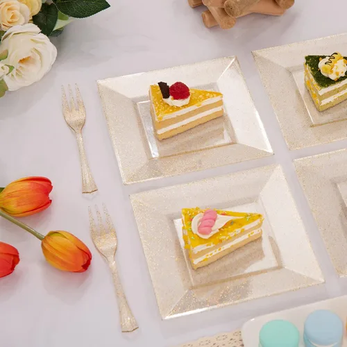 Miniatura 4 de DaYammi 200 platos de postre dorados, incluyendo 100 platos de aperitivo de 6 pulgadas, 100 tenedores de plástico de 5.7 pulgadas, platos cuadrados