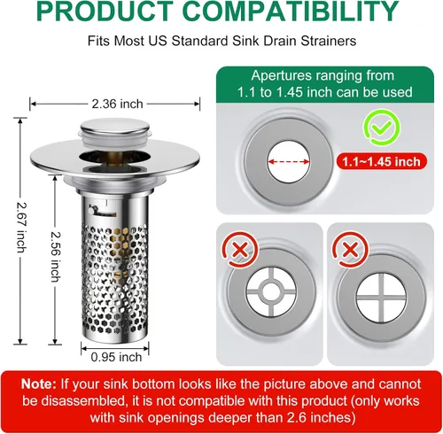 Miniatura 7 de Colador de drenaje para lavabo de baño, tapón emergente para lavabo atrapa cabellos, cesta de filtro de drenaje de acero inoxidable Ysilver-2