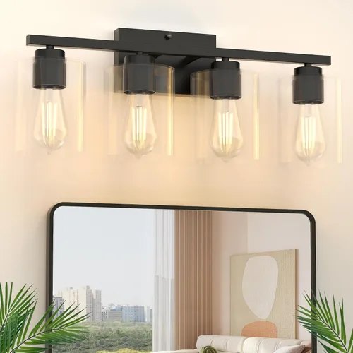 Honesorn Lámparas de baño de 4 luces, luz de tocador de baño, color negro mate, accesorios de iluminación modernos con pantalla de vidrio