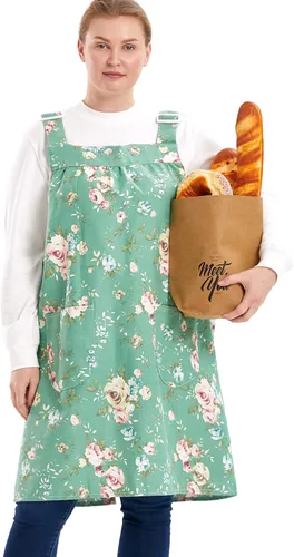 Miniatura 10 de Delantales sin lazos para mujer, talla grande, con bolsillos, de algodón, lino, para hornear, cocina, cocina