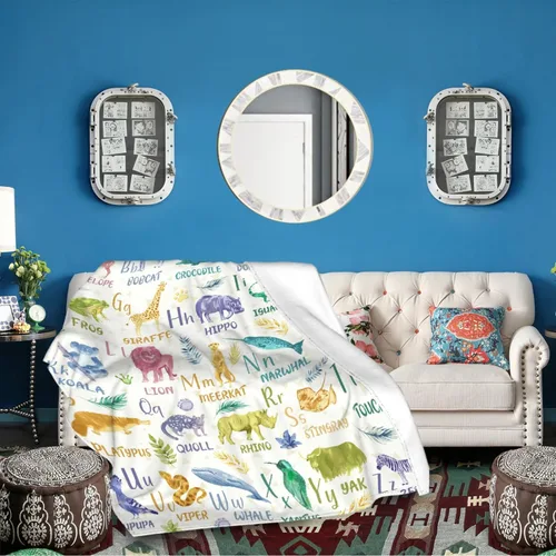 Miniatura 6 de Manta de franela con diseño del alfabeto de animales, súper suave, ligera, para niños, adultos, adecuada para sofá, cama, campamento, viajes, todas