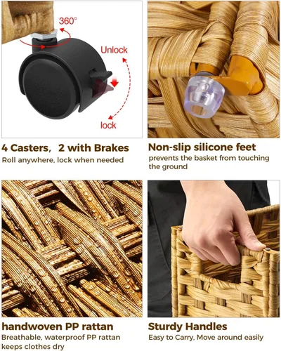 Miniatura 6 de Greenstell Cesta para la ropa sucia con ruedas, cesta de lavandería delgada de 17.4 galones (66L) con 2 bolsas extraíbles y 2 bolsas de malla, cesta