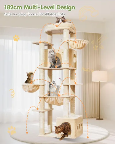 Miniatura 8 de Taoqimiao Árbol para gatos de 72 pulgadas, torre XXL para gatos de interior y adultos, plataforma extragrande, 2 casas para gatos, 7 postes