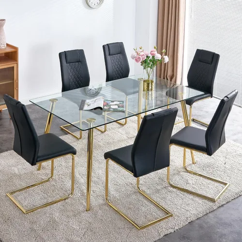 Miniatura 27 de Juego de mesa de comedor en blanco y negro de 51 pulgadas para 4, mesa de cristal minimalista moderna y 4 sillas tapizadas de piel sintética