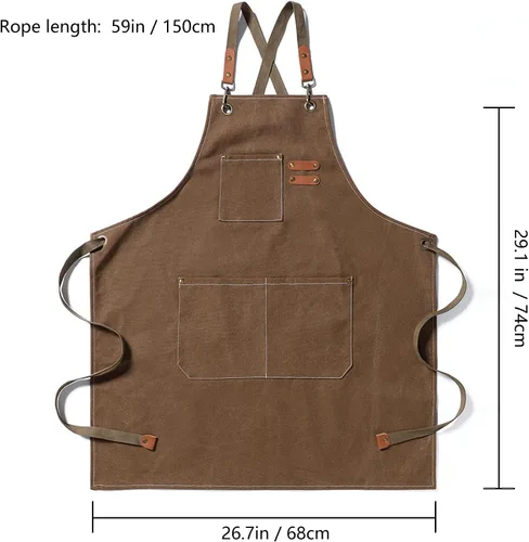 Miniatura 7 de Adjustable Canvas Apron with 3 Pockets for Men Women,Cross Back Work Apron,Durable Kitchen Apron for Cooking Caqui