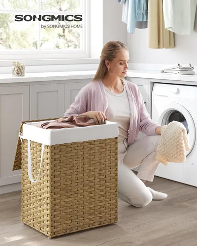 Miniatura 2 de SONGMICS Canasta de lavandería con tapa, cesto de ropa de 23.8 galones (90 L) de ratán sintético con tapa y asas, plegable, forro extraíble
