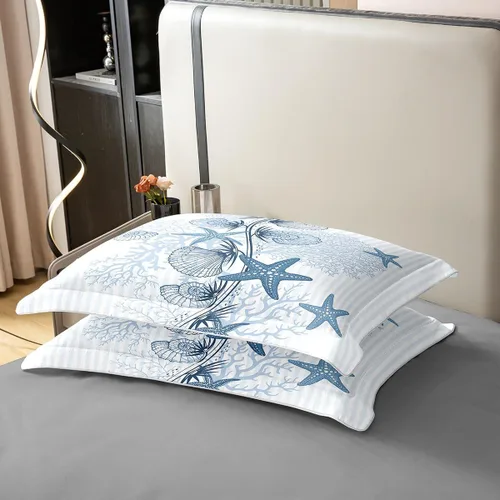 Miniatura 5 de 100% Algodón Natural Acuarela Juego de Ropa de Cama con Diseño Marino para Niños y Niñas, Juego de Cama con Estrella de Mar y Caracol Azul, Juego