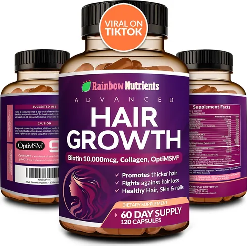 Vitaminas para el crecimiento del cabello para mujeres | Biotina 10,000mcg, colágeno, OptiMSM® patentado, goMCT®, Saw Palmetto | Regresa