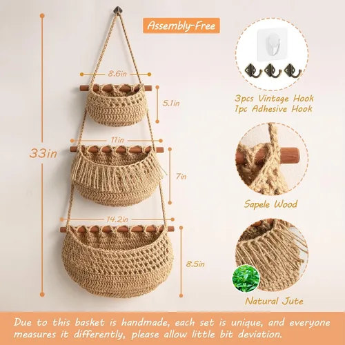 Miniatura 6 de Cesta de frutas colgante, organizador de 3 niveles sobre la puerta, cestas de pared de yute tejidas a mano para organizar, decoración BOHO
