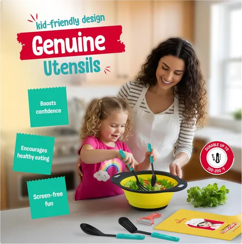 Miniatura 4 de Baketivity Juego de cocina para niños, utensilios reales con guía de herramientas de cocina, juego completo de cocina junior regalo para niñas