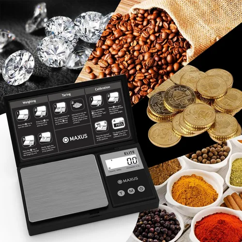 Miniatura 2 de MAXUS - Báscula digital de gramos 1000 g/0.1 g, báscula pequeña de alimentos con LCD retroiluminada, mini báscula de bolsillo para joyería Negro mate