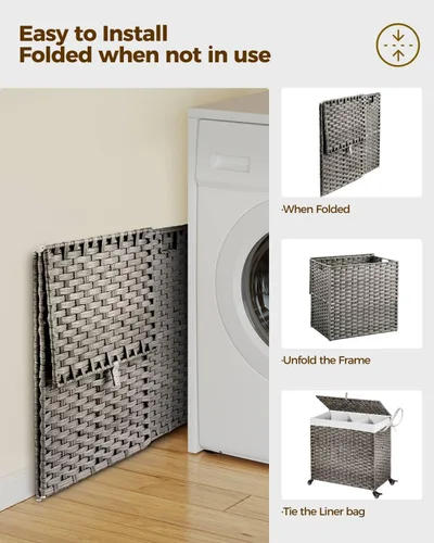 Miniatura 8 de GREENSTELL Cesta para ropa sucia con ruedas y tapa, 130 L, cesta grande de 3 secciones con 2 tipos de bolsas de forro extraíbles, 5 bolsas de malla