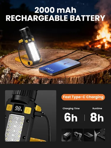 Miniatura 5 de Luz de trabajo magnética LED recargable, luces de trabajo portátiles, 7 modos de linterna con gancho giratorio de 360° y mosquetón, carga USB