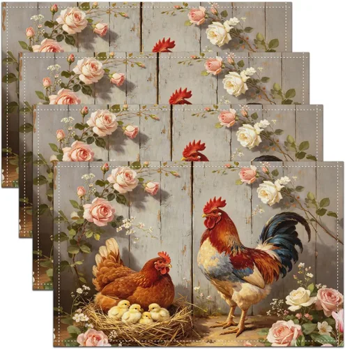 Floral Hen Table Placemats Set of 4,Rustic Wooden Chicken Family Print Place Mats 12x18 Inch for Kitchen Table,Watercolor Farmhouse Style Placemats