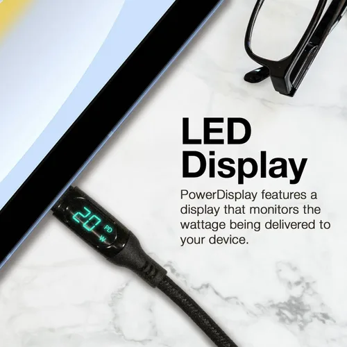 Miniatura 3 de BoxWave Cable Compatible with Lava Z4 - PowerDisplay PD Cable (6ft) - USB-C to USB-C (100W), LED Wattage Info Extra Long Braided Nylon - Jet Black