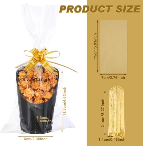 Miniatura 2 de Sabary Juego de 100 tazas desechables de charcutería con bolsas y lazos, tazas de papel de 14 onzas para aperitivos para bodas, despedidas de Negro