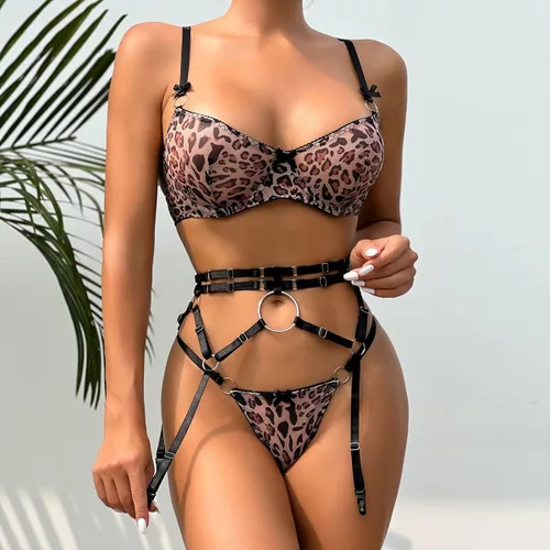 Miniatura 2 de Conjunto de lencería de liguero de leopardo para mujer, conjunto de brasier y braga sexy con liguero, 3 piezas