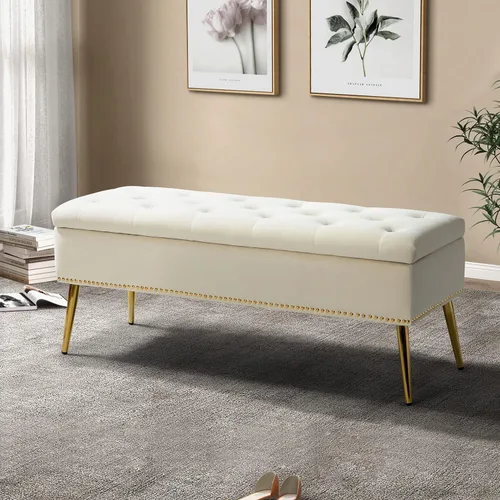 Miniatura 16 de HULALA HOME Moderno banco otomano de almacenamiento de terciopelo con base dorada y borde de cabeza de clavos, banco tapizado para dormitorio