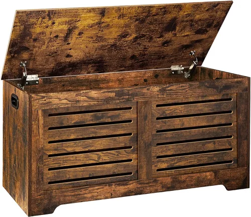 Miniatura 30 de DINZI LVJ Cofre de almacenamiento, caja de juguetes de madera de 39.4” con 2 bisagras de seguridad, banco de almacenamiento de zapatos retro