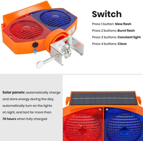 Miniatura 7 de Luz solar estroboscópica de advertencia, 3 modos de funcionamiento, luces de tráfico intermitentes rojas y azules de doble cara, inalámbricas