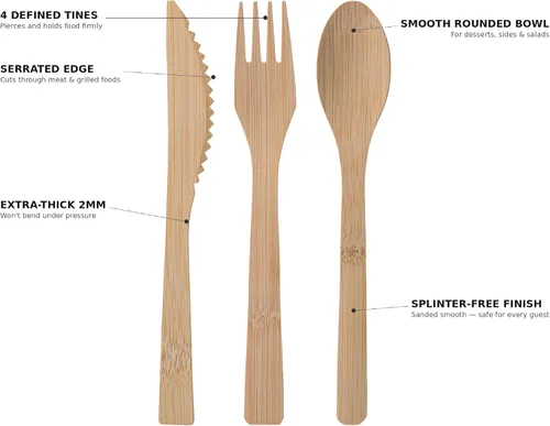 Miniatura 6 de 2ZEBRAZ - Juego de cubiertos de bambú de 100 piezas, 50 tenedores, 25 cuchillos, 25 cucharas, utensilios desechables resistentes para fiestas