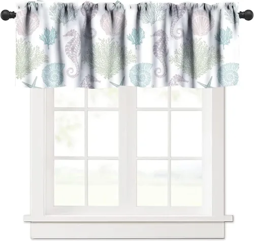 Miniatura 6 de JESTRONRY Cenefa de ventana con diseño de estrella de mar, diseño tropical de conchas marinas oceánicas, cenefa de cortina para decoración de cocina
