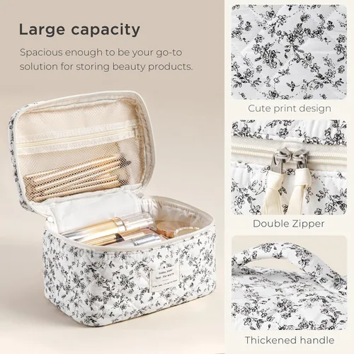 Miniatura 4 de HBselect Bolsa de Maquillaje Acolchada, Bolsa de Maquillaje Grande de Algodón para Viaje, Lindas Bolsas de Maquillaje con Flores Coquette, Bolsas