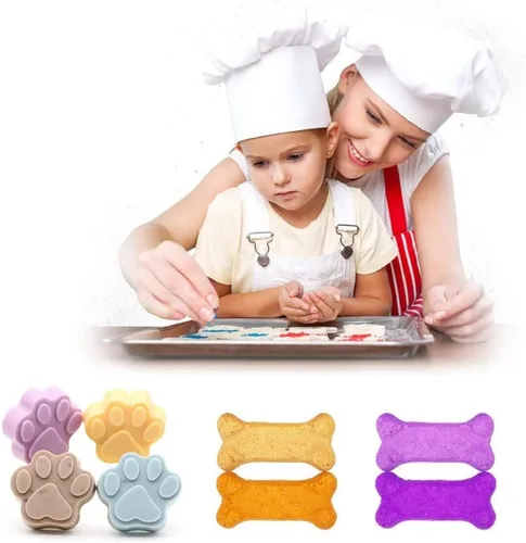 Miniatura 3 de Juego de 5, moldes de silicona en forma de pata y hueso de cachorro y perro 2 en 1 y cortador de galletas de hueso de acero inoxidable, para Azul