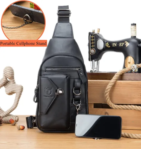 Miniatura 2 de BULLCAPTAIN Bolso bandolera de cuero genuino para hombre bandolera con soporte para teléfono celular cadena en el pecho mochila de hombro XB-520 M