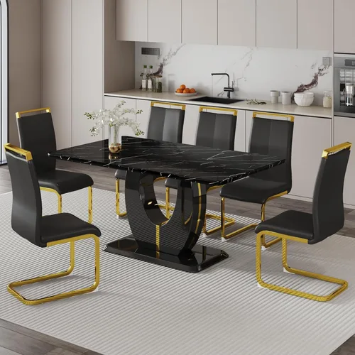 Miniatura 2 de Juego de 6 sillas de mesa de comedor para 6, juego de 6, moderno juego de comedor con mesa de comedor de mármol de 63 pulgadas, sillas tapizadas
