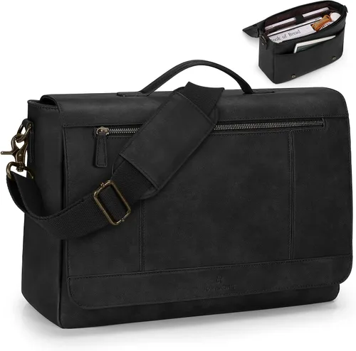 RAINSMORE Bolso mensajero de cuero para hombre, bolso para laptop de 15.6 pulgadas, maletín vintage, bolsa grande para computadora, bandolera tipo