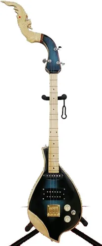Miniatura 3 de Isarn Electric Phin 3 cuerdas, instrumento musical de guitarra tailandesa lao, Pin77 musical tailandés tradicional (negro-verde)
