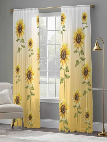 Miniatura 5 de Juego de paneles de cortinas de girasol, cortinas de gasa para cocina, cortinas de gasa de privacidad para sala de estar, dormitorio, decoración