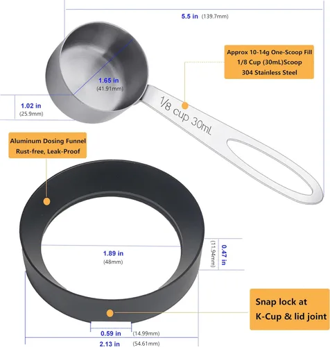 Miniatura 9 de Kit de recambio reutilizable de taza K, cuchara de café de acero inoxidable 304 de 1.0 fl oz y embudo dosificador de aluminio, se adapta a Keurig