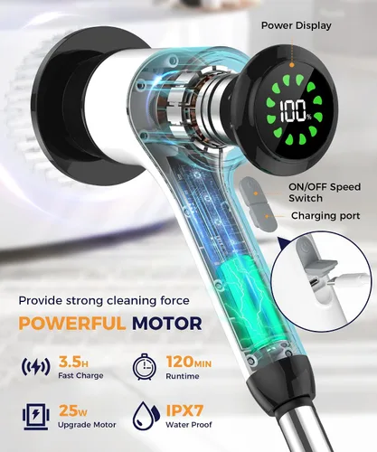 Miniatura 3 de Limpiador eléctrico giratorio, limpiador de baño inalámbrico con 7 cabezales de cepillo, limpiador de ducha ajustable de mango largo para lechada
