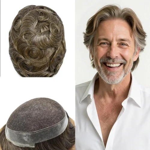 Miniatura 37 de Sistema de reemplazo de cabello de encaje francés para hombre, piezas de cabello de aspecto natural, encaje frontal, negro, marrón, rubio, gris