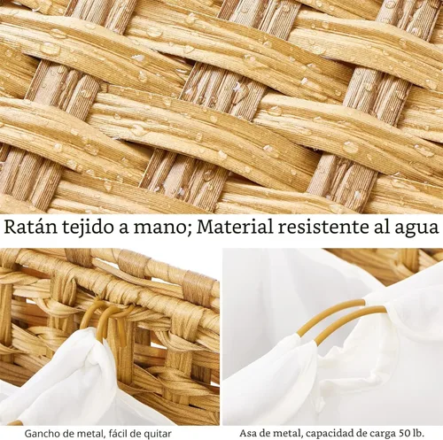 Miniatura 6 de Cesta para ropa sucia con 3 bolsas de forro extraíbles; cesta de lavandería de ratán tejida a mano de 132L con tapa y pies elevados; cesta de ropa