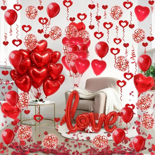 Miniatura 3 de Fecedy Globo de papel de aluminio en forma de amor y corazón, globos de látex redondos y en forma de corazón, globo de confeti, pétalos falsos