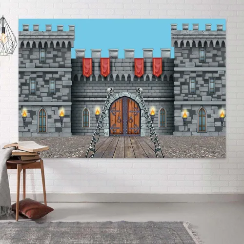 Miniatura 4 de Telón de fondo de castillo medieval de 7 x 5 pies, pancarta de decoración de fiesta de castillo de caballero con arcos medievales para puerta